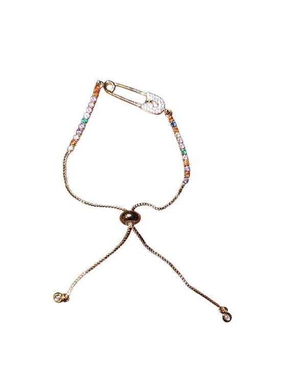 Hand Crafted Jewelry - NEW CZ Gold Plated Multicolor Safety Pin Adjustable Slide Tennis Bracelet